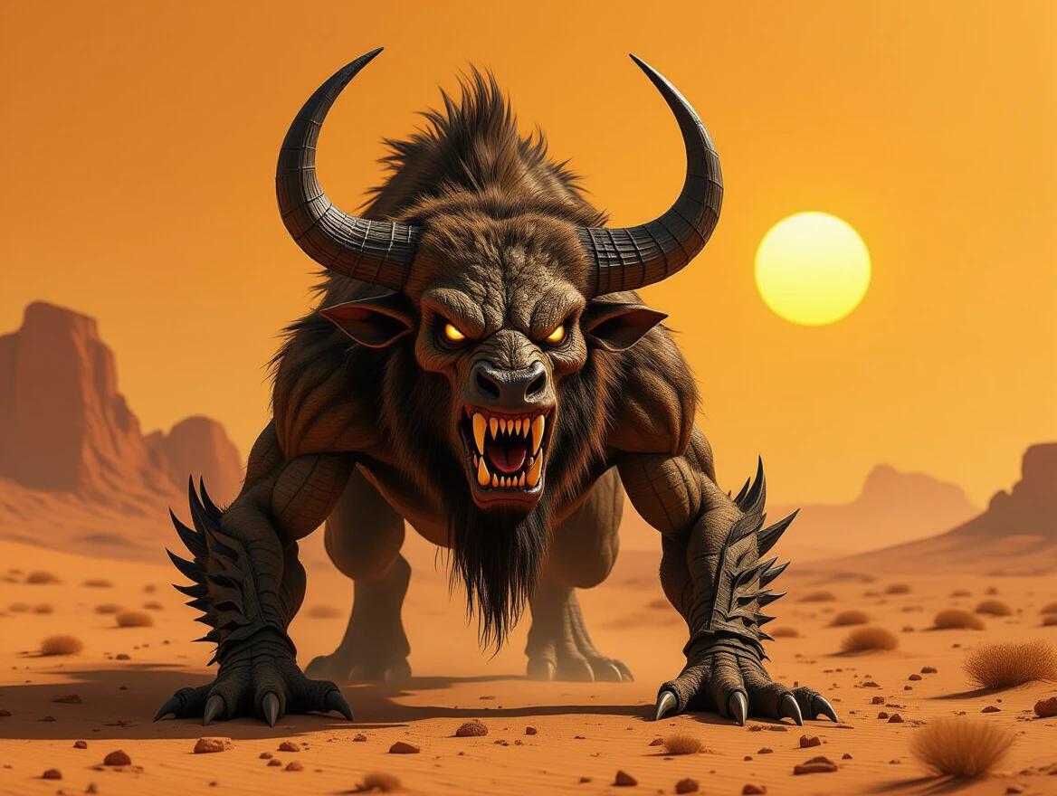 A bizarre beast with horns and sharp teeth stands in a desert. The creature has small forearms with claws. The backdrop features a sunset in a surreal environment. The beast has the head of a bison with razor sharp teeth and glowing black eyes. It stands on hind legs and has claw-like forearms. The landscape is barren and evokes a dystopian feel.
