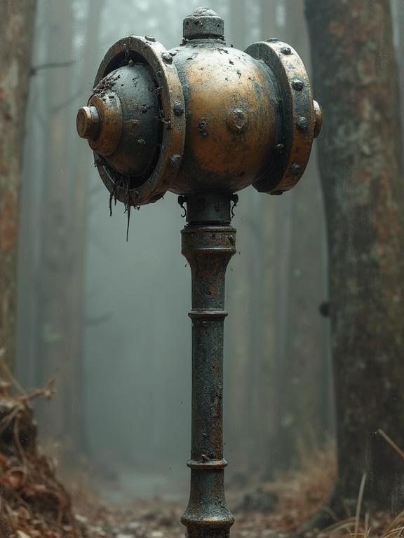 Focused on an ornate mace set against a blurred forest background. The mace features a sturdy handle and a spherical flanged head made of polished metal with an Eldritch style.