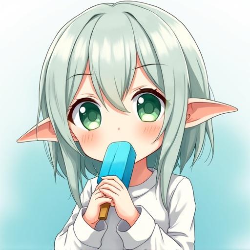 Anime illustration of a little elf girl with white-green hair and green eyes. She wears white clothes and holds a blue popsicle. Her expression is innocent and cute.