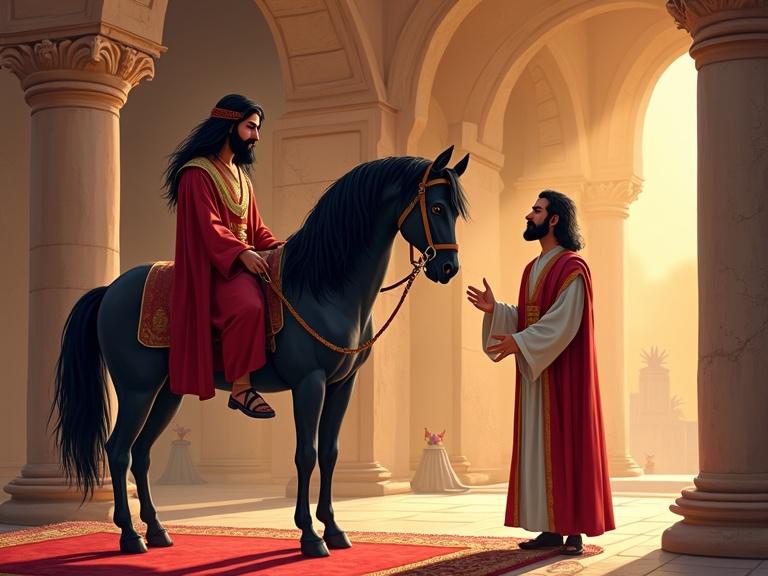 Illustration for a children's story in full color. A royal hall in Persia filled with wonders. A Persian wise man presents a large wooden horse to a richly adorned king. The king looks surprised. The horse is elegant with glass eyes and a silver saddle. Soft artistic style with warm colors and rounded lines. Background features columns, a red carpet, and curious Persian courtiers. Horizontal format.