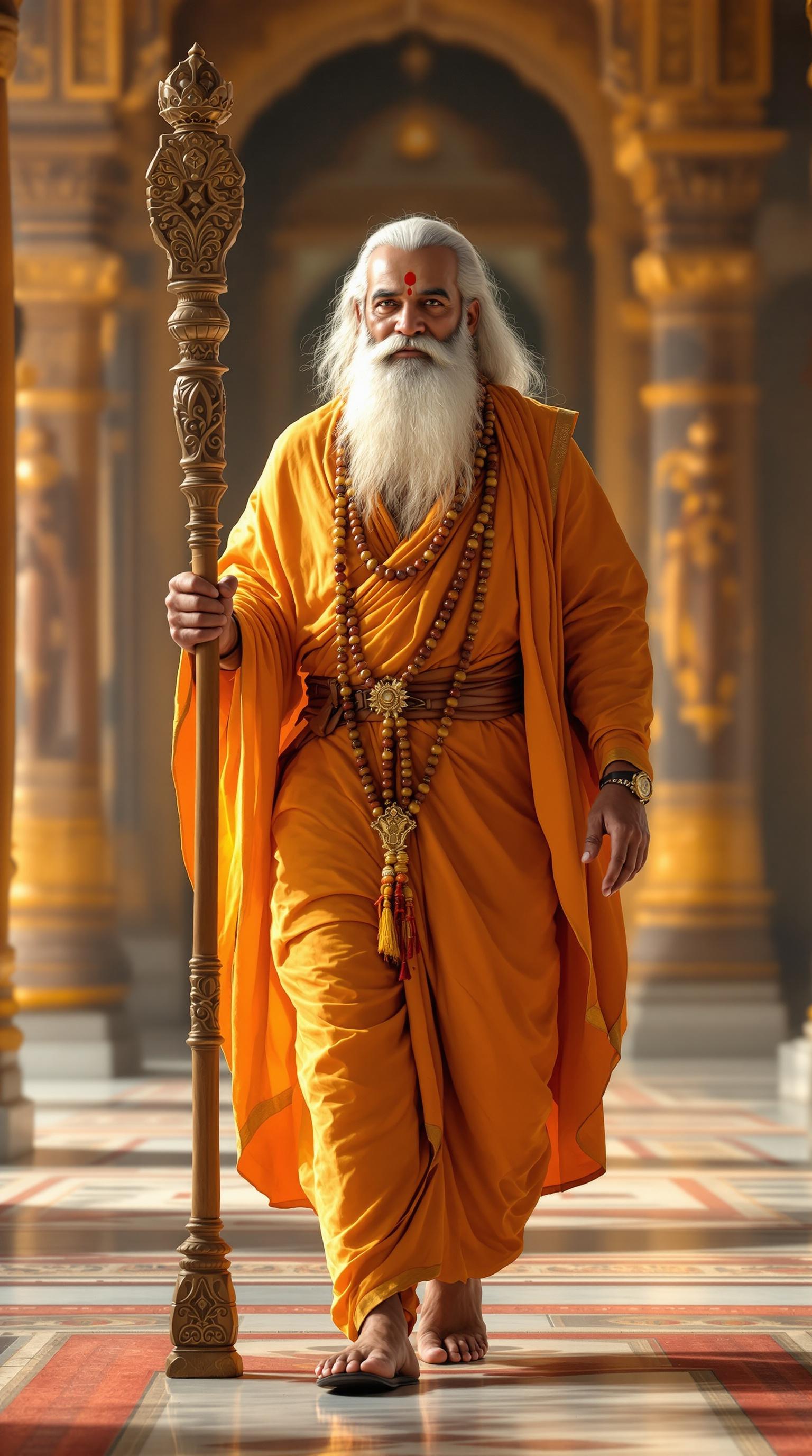 A serene Indian sage with a long white beard dressed in saffron robes holds a carved wooden staff. He wears a rudraksha mala and walks gracefully into a grand royal court.