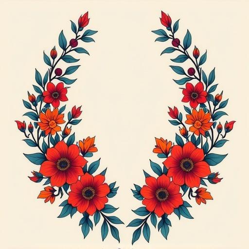Tattoo design featuring two symmetrical floral lines. Each line starts at the hips and curves down to the lower abdomen. Lines have many flowers in red, orange, and blue. Foliage is minimal, light green. No roses. Style is ornamental or illustrative. Design is rich and expressive.