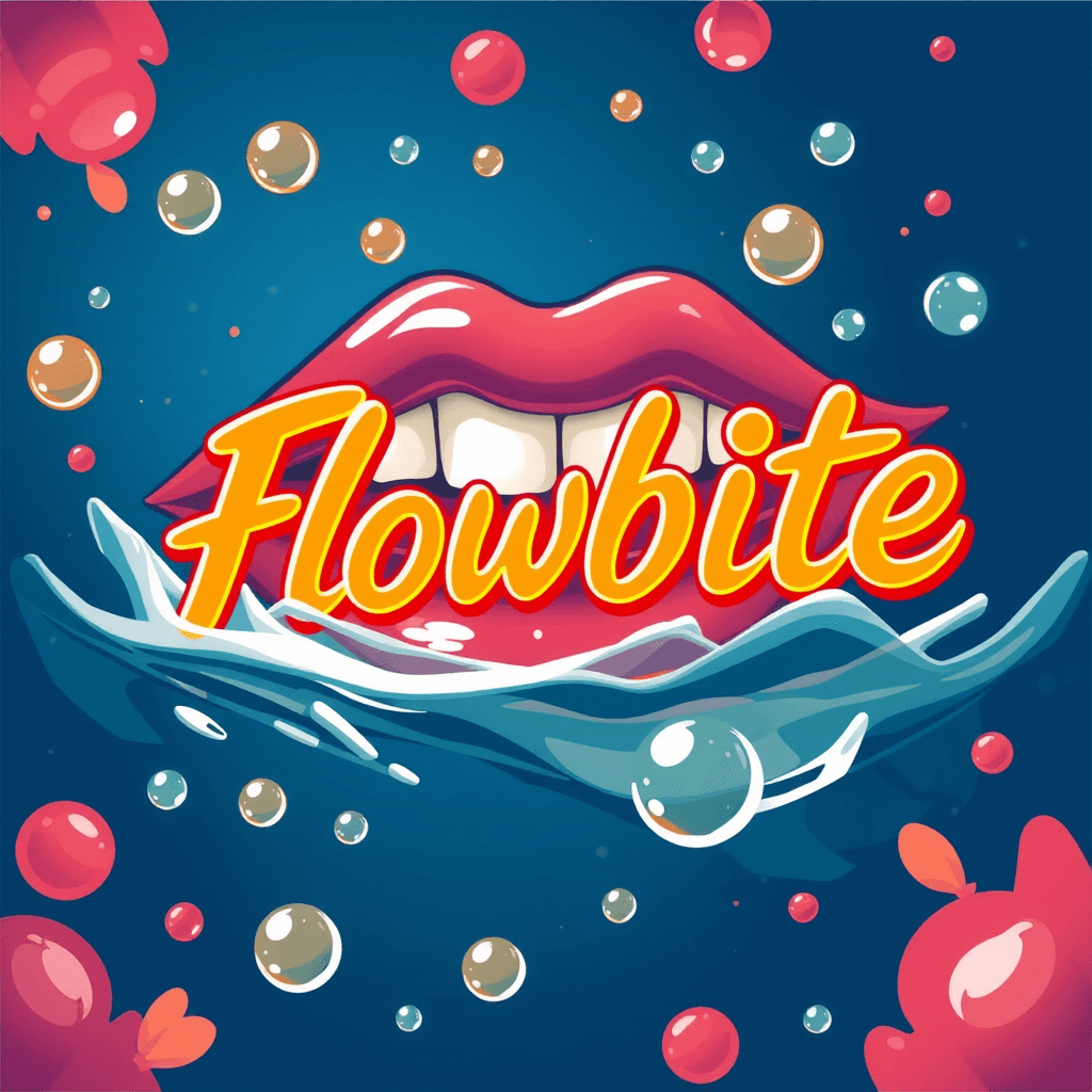 A vibrant cartoon featuring bold red lips, floating fruit, and colorful text amidst bubbles on a blue background.