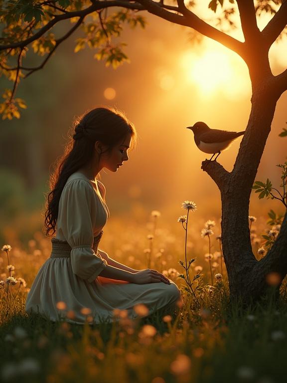 Hyper-detailed 3D composition. Melancholic sunset garden setting. Character is a student wearing Victorian attire. Kneeling on damp grass. Weeping softly in golden hour light. Delicate Nightingale atop a gnarled oak branch. Surrounded by bioluminescent fireflies and daisies with pollen.
