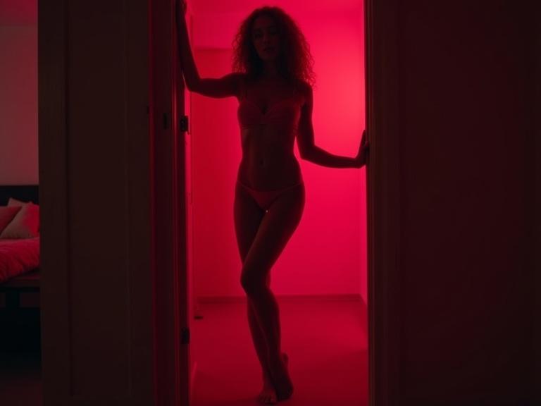 A young woman poses in a doorway. She leans against the frame. Curly hair frames her face. The background is bright red. The room has dim lighting. The overall scene feels mysterious.