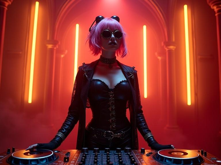 Gothic steampunk woman DJ stands at console in dark nightclub. Asymmetrical pink hair with steampunk goggles. Black leather corset, lace sleeves, fingerless gloves, cropped open jacket. Neon-lit console glows. Deep red lighting creates shadows. Gothic arches and fog in background. Wide shot showing full body and nightclub.