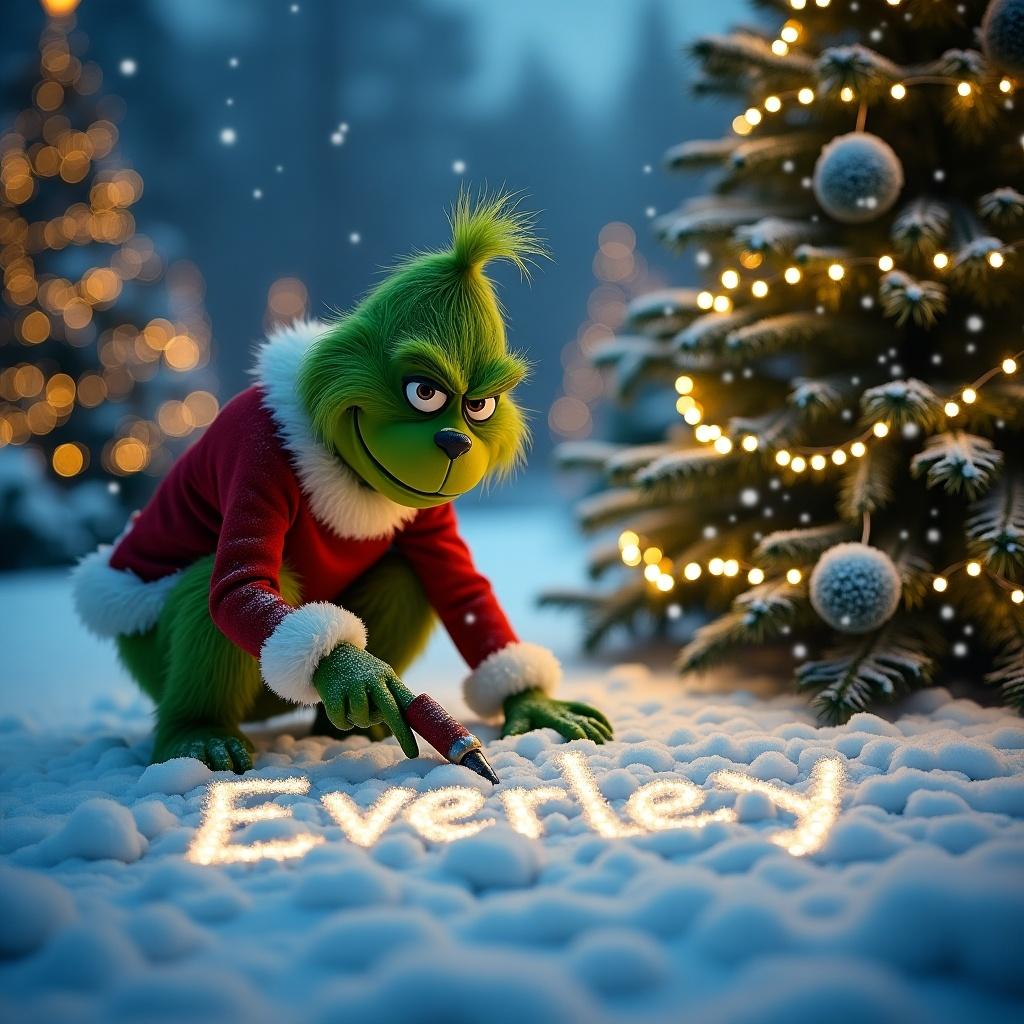 Grinch writing in snow outside. Snowy ground and Christmas trees illuminated with lights. Grinch wearing a red Santa suit. Writing the name Everley with a tool.