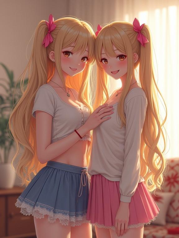 Two anime-style girls with long blonde twin tails wear pink bows in a cozy living room. One wears a blue mini skirt and the other a pink one. They smile and pose closely together with a soft background.
