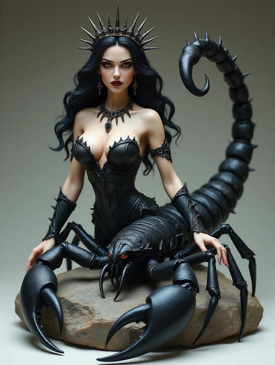 Resin sculpture depicting Scorpio Zodiac goddess. Human torso is elegant and powerful. Long black hair and light skin tones. Wears a spiked crown and dark jewelry. Sensual armor has sharp details. Body transforms into a giant scorpion with articulated legs and pincers. Long curved tail features a raised stinger. Rests on rock in a commanding pose, tail held high. Dark, cinematic art style with intricate details.