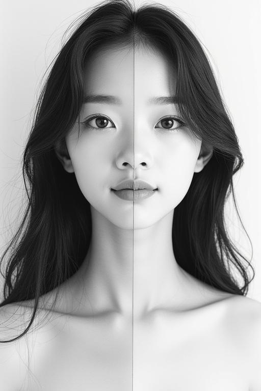 A split composition of a young East Asian woman. Left side shows a digital photograph with a natural face and soft lighting. Right side is a detailed pencil sketch of the same face. Both sides maintain perfect symmetry in features and expression. No text or watermark.