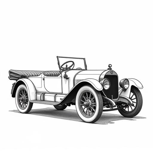 Clean and precise black and white line art illustration of an early 20th-century open-top automobile. Showcases simple and elegant design. Features steering wheel, basic controls, spoked wheels, and headlamps. Stark white background. Suitable for design study or coloring book page. Minimalist approach.