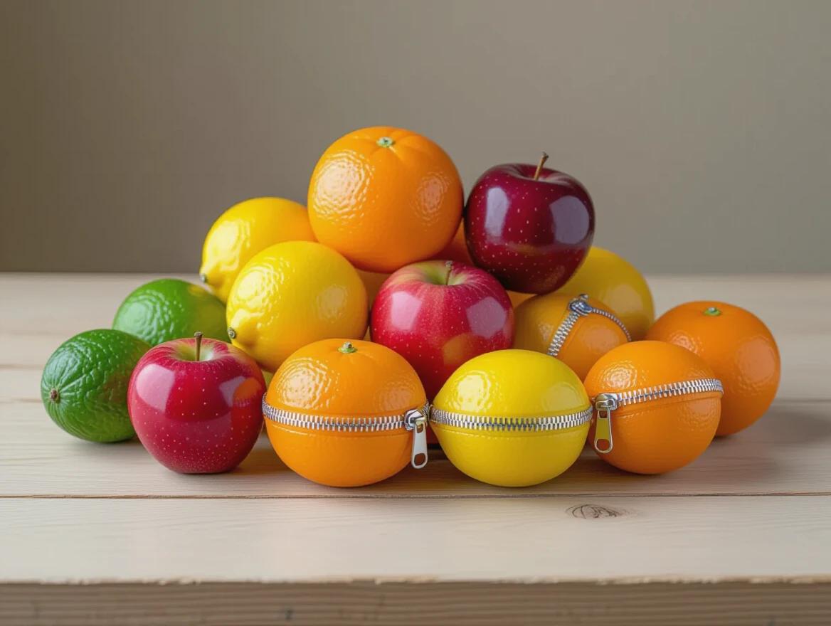 Glossy arrangement of various fruits including oranges apples and lemons on a wooden table top. All fruits have a metallic zipper running up the middle. Side view still life composition.