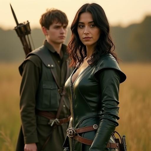 Confident female scout stands beside young male scout in medieval fantasy training field. She wears dark green leather armor with silver accents. Her mid-length black hair flows naturally. Her gaze is teasing and composed. Her posture is relaxed yet graceful. Her outfit reveals her feminine form with neat details. A curved shortbow is on her back. A dagger rests at her hip. A warm golden hour light sets the atmosphere. The scene blends elegance with allure.
