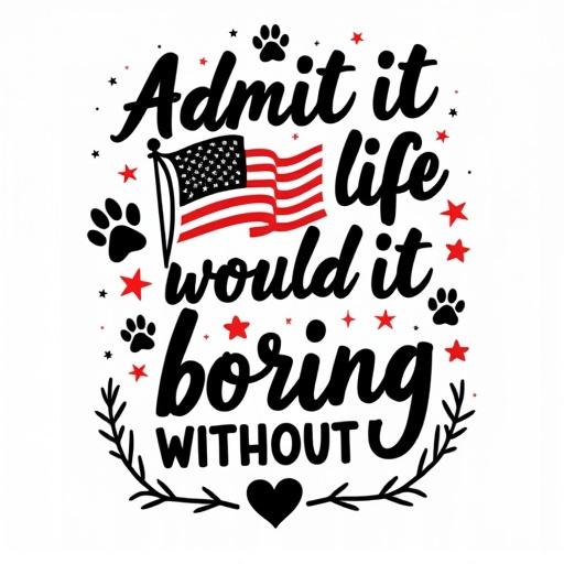 Energetic design features mixed black typography stating life would be boring without the subject. Bold sans-serif and script fonts are visible. American flag, paw prints, red stars, and flourishes add decorative elements.