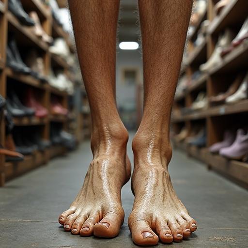 Image shows a close-up of a pair of feet standing on a wooden floor inside a shoe store. The feet are well-groomed and glistening. Shoes are visible in the background.