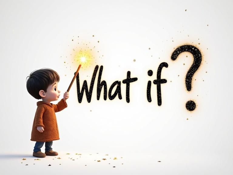 A small kid uses a magical wand to write 'What if ?' in sparkling black text. The letters glow against a white imaginary background. The scene evokes a sense of wonder and fantasy inviting viewers into a whimsical world in a 3D cartoonic style. Size is 1546px by 423px.