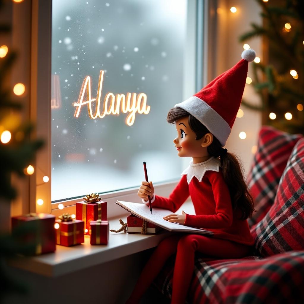 This scene features a delightful brown girl elf from the shelf. She wears a festive red outfit and an adorable elf hat. The setting is a cozy nook by a window adorned with Christmas decorations and presents. The elf is seated, writing using a magical wand to inscribe the name 'Alanya' in the air. The background sparkles with warm lights, creating a whimsical holiday atmosphere. Outside the window, snowflakes fall gently, adding to the winter wonderland feel.