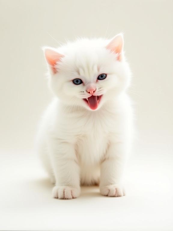 A small white kitten stands on all fours. Kitten has pure white soft fur and light blue eyes. Mouth is open in a playful smile revealing tongue. Expression is joyful and innocent. Body is plump and round. Background is plain soft off-white. Lighting is even with no shadows. Perspective is slightly above looking down. Composition is straightforward focusing on kitten. Overall style is cute and inviting. Atmosphere is peaceful and happy suitable for a pet picture.