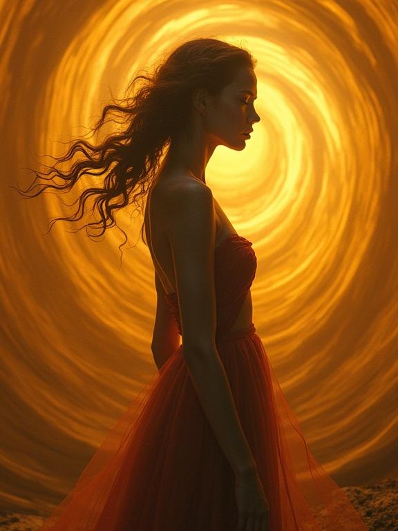 A photo captures a silhouette of a figure in warm hues. The background features swirling patterns in amber and gold, creating a surreal atmosphere. The figure embodies glamour amidst a striking visual composition.