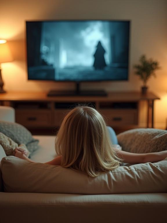 Blond girl lies on a beige sofa in a cozy living room. She watches Harry Potter on a large screen. Warm lighting creates a comfortable atmosphere. Decorative throw pillows are visible. Focus on girl and TV screen.
