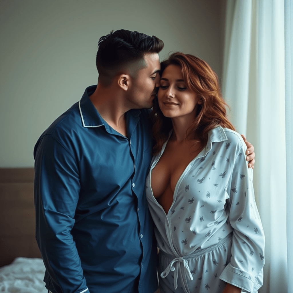 A couple in pajamas share an affectionate moment near a sunlit window.