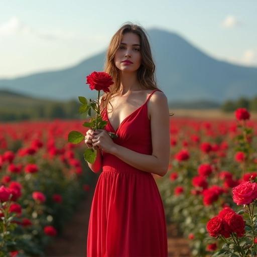 Beautiful woman in red dress holding rose in a field of roses with mountains in the background.