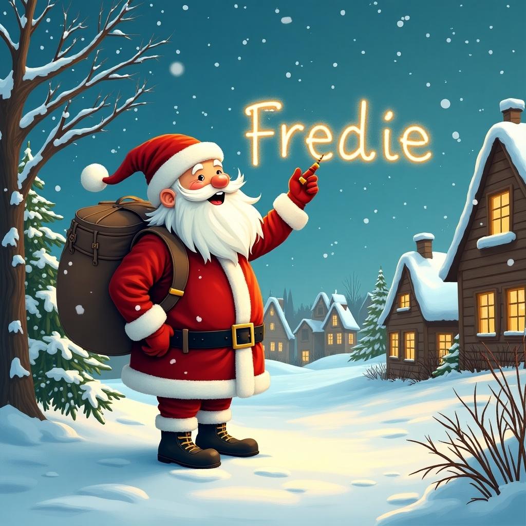 In a snowy village, Santa Claus stands happily. He wears his traditional red suit and has a big bag slung over his shoulder. Santa is pointing up at the sky, where the name 'Freddie' is magically written. Snowflakes gently fall around him, adding to the festive atmosphere. Cozy homes with warm lights can be seen in the background, enhancing the holiday spirit.