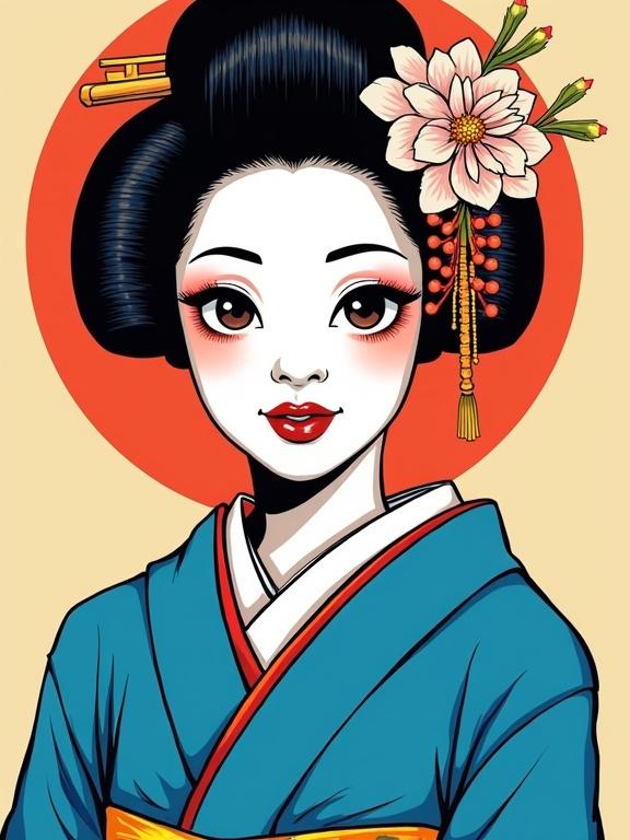 Mise media art features a geisha with white face and bright eye makeup in a blue kimono. The style is modern comic with vibrant colors.
