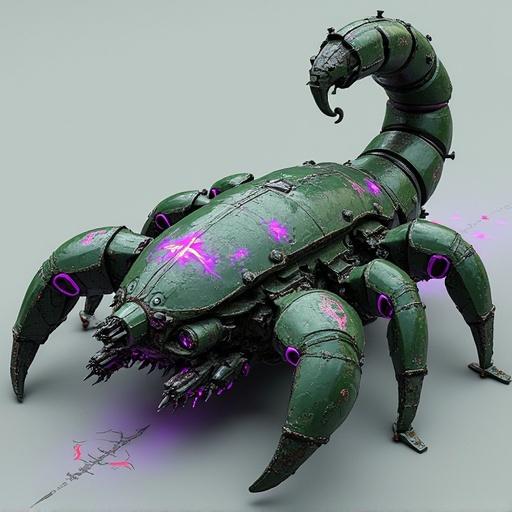 Massive scorpion-shaped transport vessel with dark green carapace. Glowing purple toxin patterns pulse across hull. Segmented hangar doors release drone clusters from underside. Style combines wastepunk grit with geometric simplicity, featuring graffiti-styled weathering.