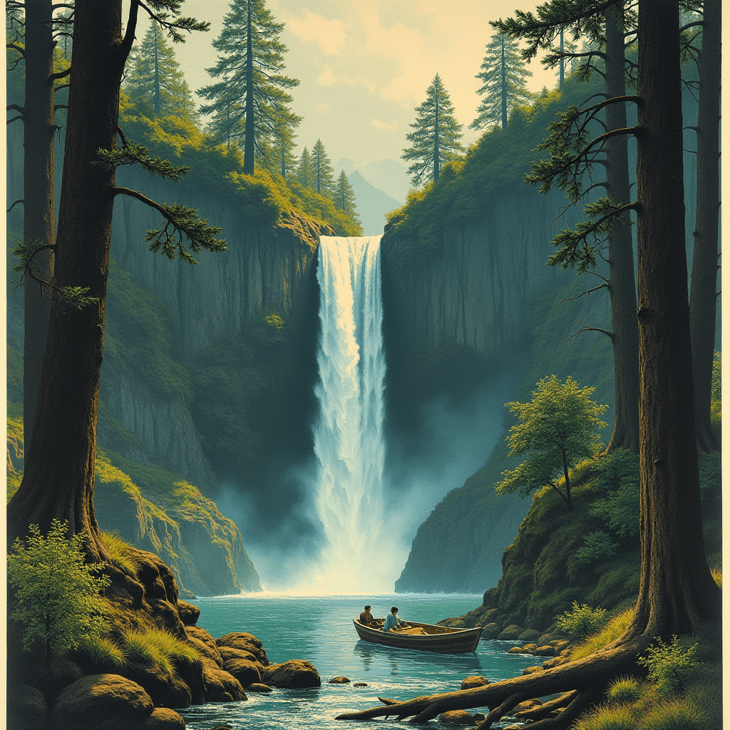 The image depicts a tranquil natural setting featuring a majestic waterfall cascading down a rocky cliff surrounded by lush greenery. Towering pine trees frame the scene, adding to the sense of seclusion and tranquility. The waterfall's smooth descent into a calm pool creates a misty spray at the base, adding to the serene atmosphere. In the foreground, a small boat with two individuals peacefully floats on the water, enhancing the sense of escape and connection with nature. The light is soft, possibly early morning or late afternoon, casting a gentle glow over the entire scene.