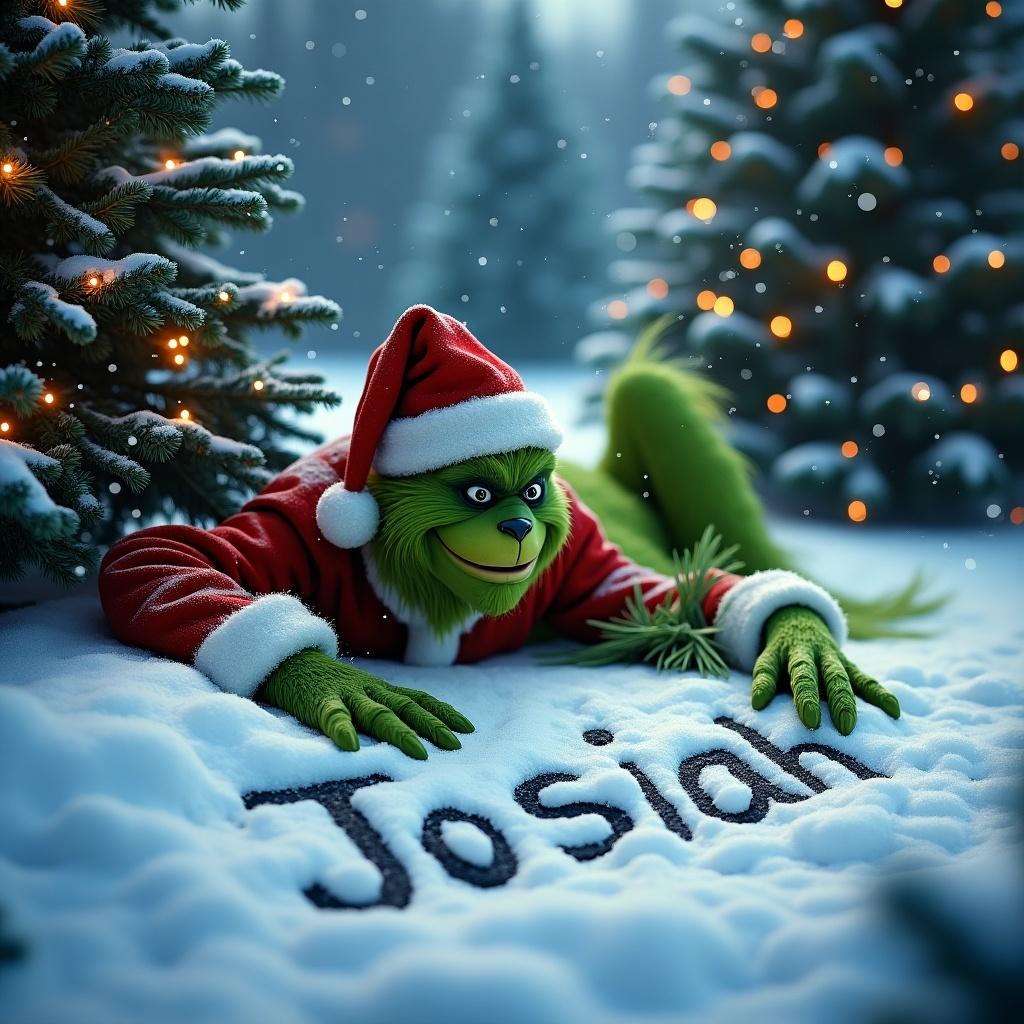 The Grinch is outside in the snow. Christmas trees with colorful lights are around him. The Grinch is writing Josiah in the snow.