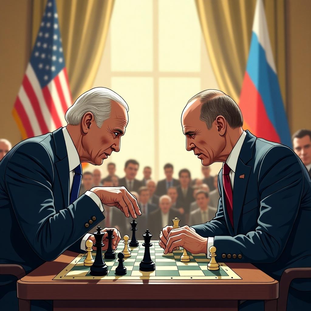 Illustration of a chess match between two political leaders. U.S. President and Russian leader engaged in strategy. Chessboard features significant pieces. Background includes flags and audience.