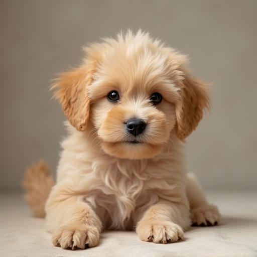 A fluffy beige puppy with bright eyes sitting on a light surface. The puppy has a cheerful expression and soft fur. The image feels warm and inviting.