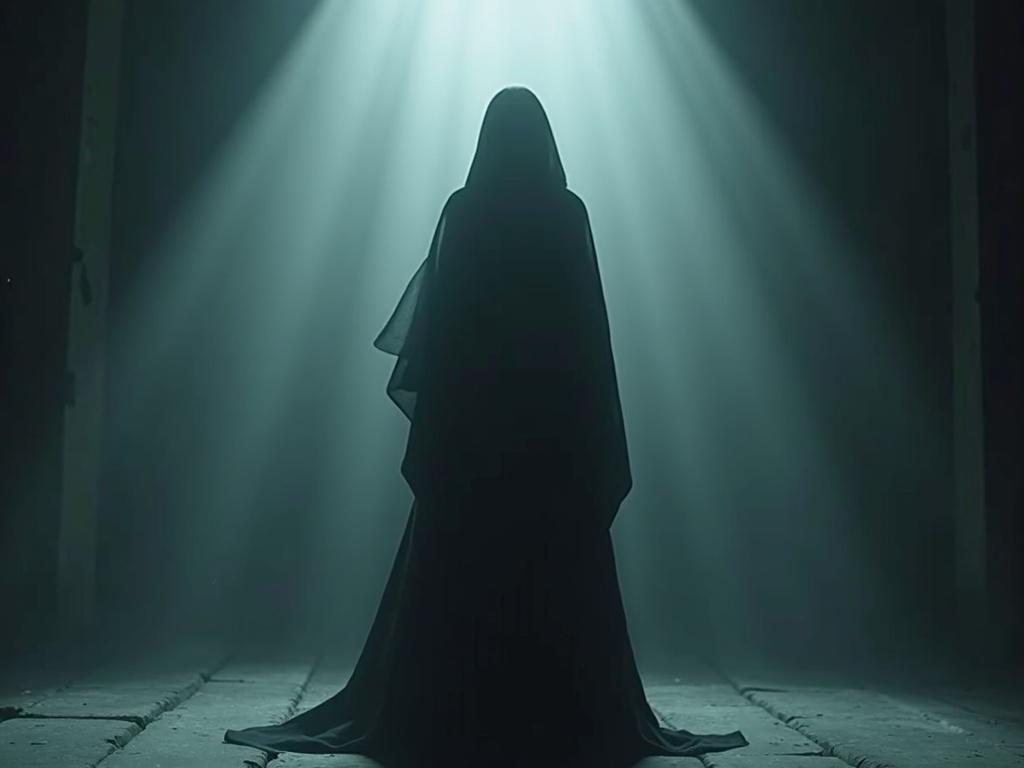 Cloaked figure stands in a dark space illuminated by beams of light. Atmosphere is dramatic and ethereal with a sense of mystery. Full body visible in a wide shot.