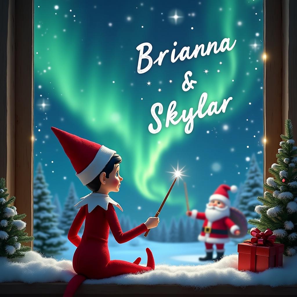 The image features an Elf on the Shelf character sitting with her back to the viewer. She gazes up at the night sky, using a wand to write the names 'Brianna & Skylar.' The background showcases a magical Christmas scene with vibrant northern lights illuminating the snowy landscape. In the distance, Santa Claus stands cheerfully, adding to the holiday atmosphere. Snow-covered pine trees frame the window, with a couple of colorful presents nearby. This enchanting image captures the spirit of Christmas and childhood wonder.