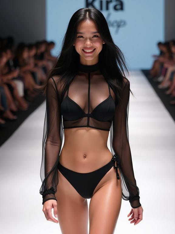 Young slender woman with long black hair and fair skin. Smiling at the camera while walking down a white runway. Wearing a black mesh crop top with long sleeves and bikini panties. 'Kira Shop' sign in the background.