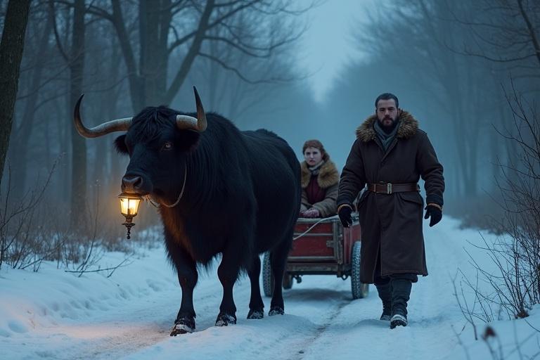 Dark snowy forest road scene in evening. Large black ox with thick fur pulls creaking wooden cart. Villager in brown wool coat leads ox with one hand holding lantern. Seated wife in fur robe and daughter in winter dress. Fog rolls across trail. Cold mood with blue-gray tones.