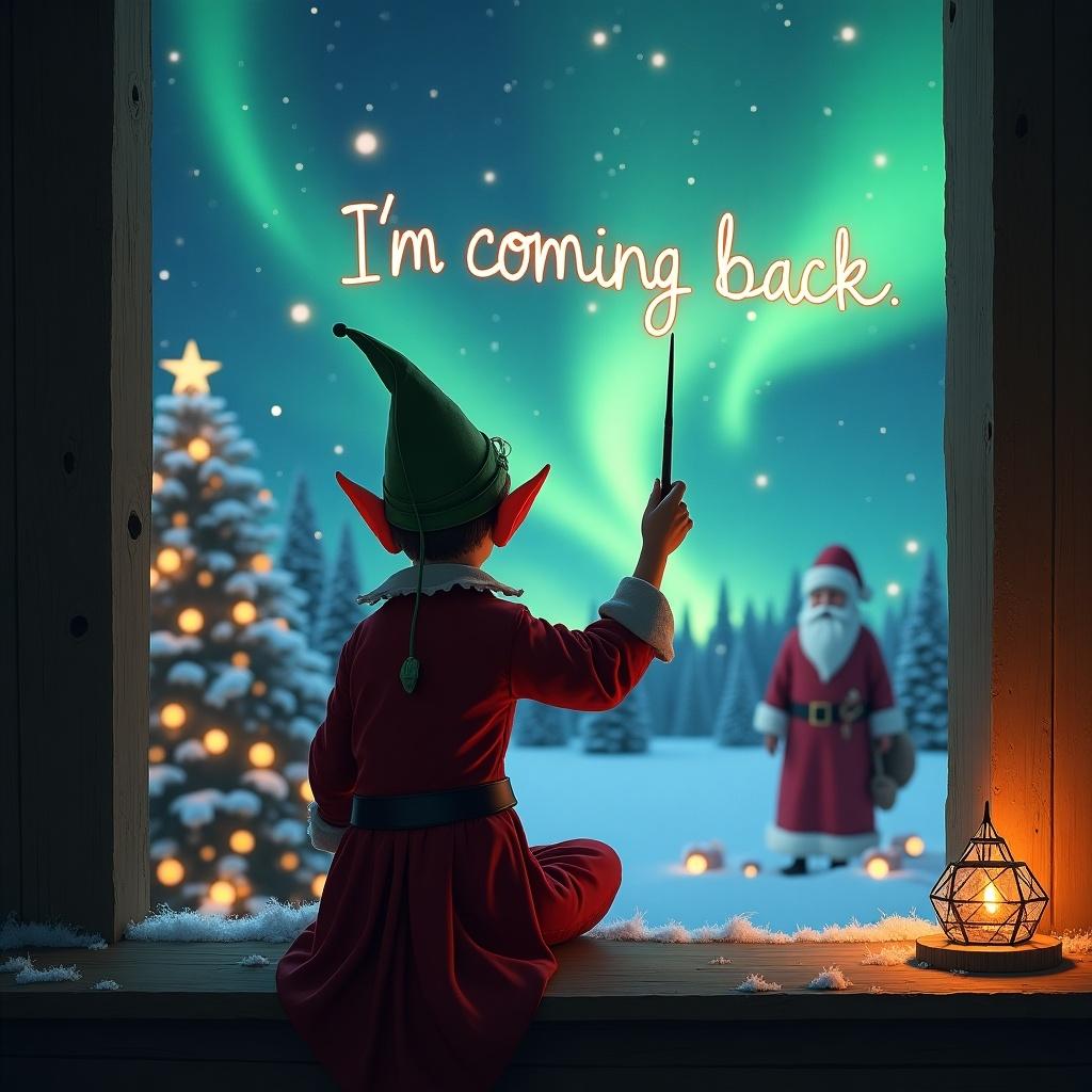 A festive Christmas scene shows an elf on the shelf with pointy ears, sitting in front of a window. The elf, with his back to the viewer, looks up at the sky while using a wand. He is magically writing the words 'Delilah, I'm coming back' in the air. Outside the window is a whimsical landscape featuring northern lights and Santa Claus in the background. The setting is filled with snow, a beautifully decorated Christmas tree, and distant twinkling lights, evoking a sense of wonder and holiday spirit.