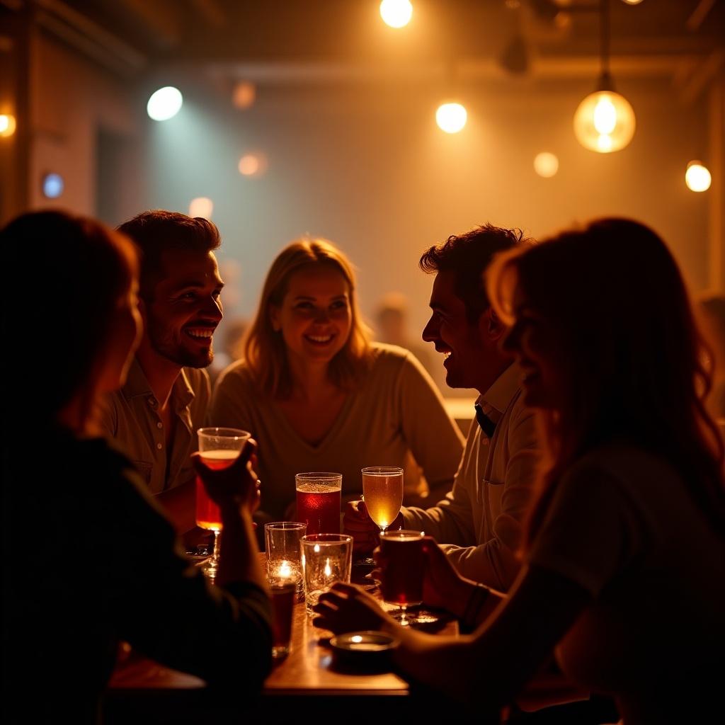 Group of people enjoying drinks and laughter in a warmly lit bar. Five individuals gathered around a table, smiling and talking. Various drinks are on the table with a cozy ambiance created by warm lights.