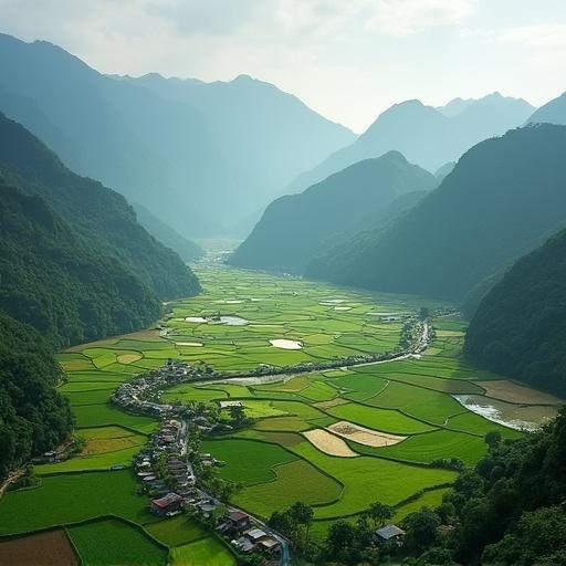Aerial view of lush rice fields surrounded by mountains. Landscape shows terraced fields and a peaceful village. Natural light creates a serene atmosphere.