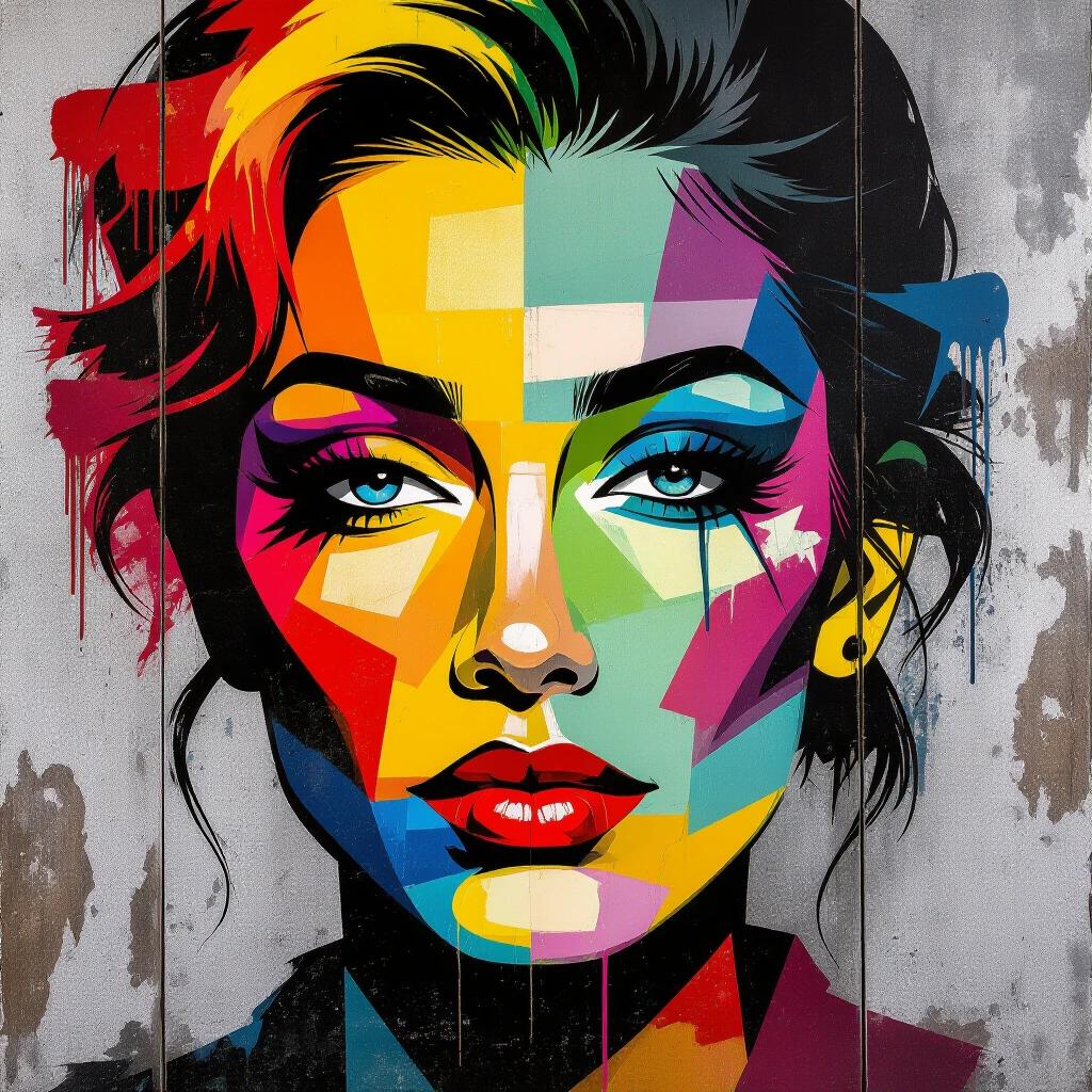 Vibrant abstract portrait rendered in graffiti art style. Bold overlapping colors including red yellow blue green. Intricate layers of spray paint tags and stenciled patterns. Background mimics weathered wooden surface enhancing urban aesthetic. Prominently detailed eyes and lips. Dynamic splashes and drips create chaotic composition.