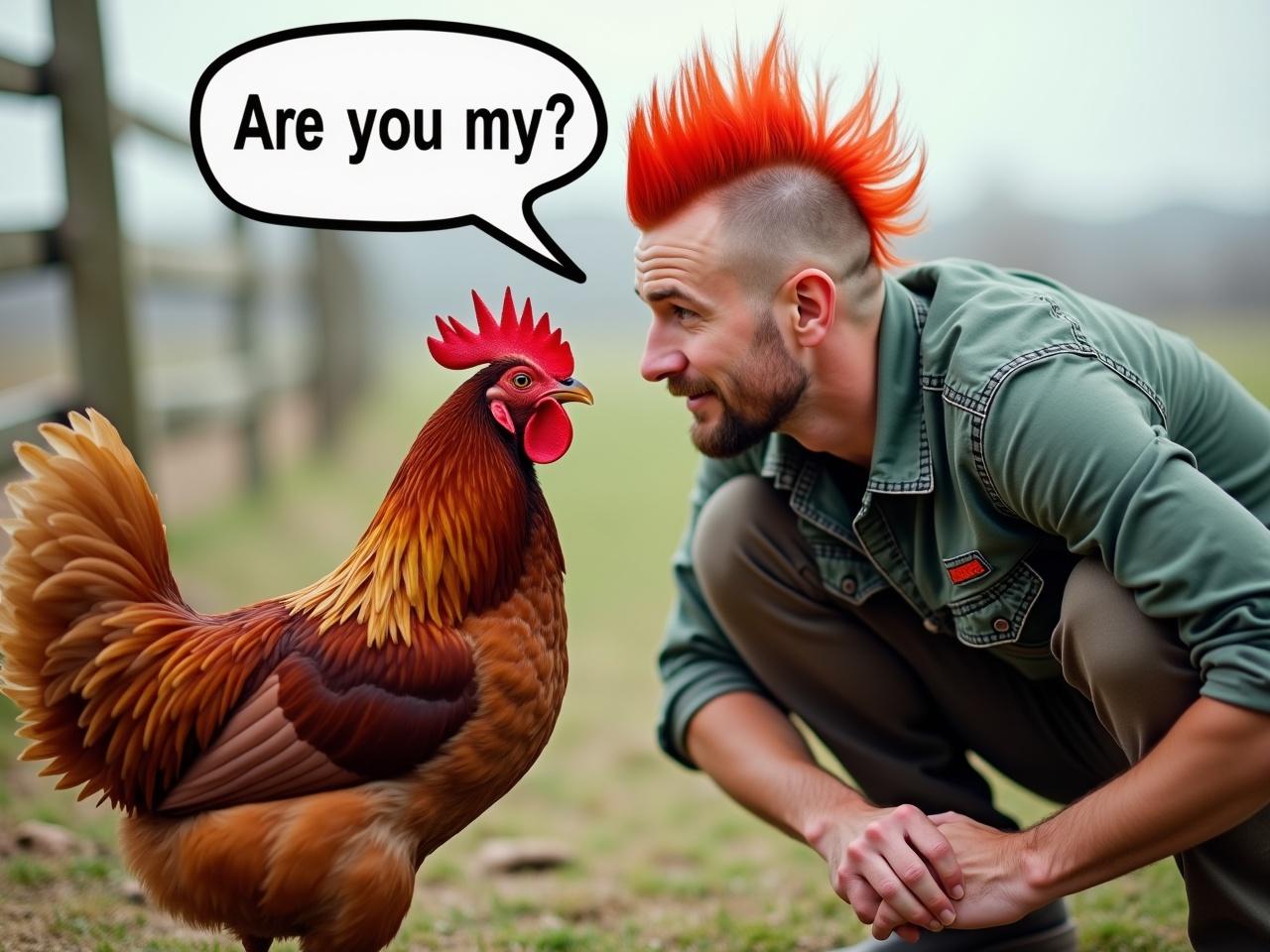 A man with a bright red mohawk hairstyle crouches down next to a chicken, looking directly at it. The background features a fence and a blurred landscape, suggesting a farm setting. The chicken, with its glossy feathers and prominent comb, also gazes at the man. A speech bubble is illustrated, which says, "Are you my dad?" This adds a humorous and whimsical touch to the interaction. The scene captures a playful moment between the man and the chicken, highlighting their close proximity and curiosity.