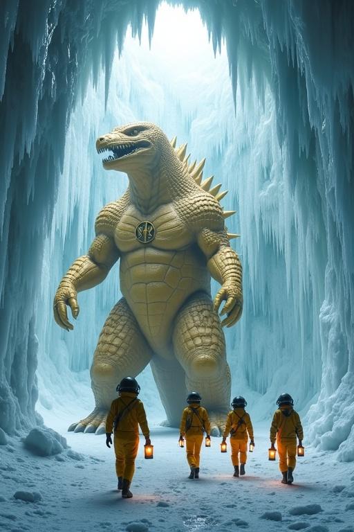 High-ceilinged ice cave. Walls with intricate ice patterns and bluish-white stalactites. Light filters through, casting ethereal glow. Colossal golden statue of Godzilla-like creature at center. Four people in bright yellow protective suits and dark helmets. They carry lanterns, walking towards statue. Their small figures emphasize statue's monumental presence and mystery.