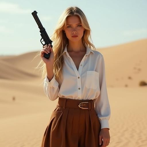 A young woman stands in the desert holding a revolver. She has long blonde hair and brown eyes. She wears a white shirt buttoned at the neck and a brown skirt. The scene is hyper realistic as if captured by a modern camera.
