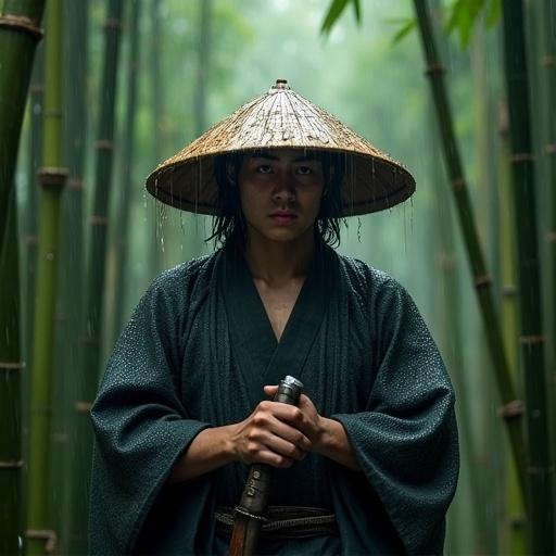 A lone samurai stands in a bamboo forest during rain. He wears a wide-brimmed straw hat and a weathered kimono. The samurai grips the hilt of his katana, showing focused determination. Bamboo stalks create a natural backdrop. Rain droplets create a misty atmosphere around him.