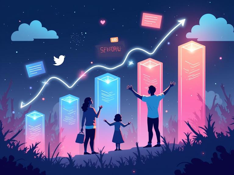 Dynamic digital illustration shows a social media journey from zero to viral on X. A person evolves from a small profile into a global influencer. Includes engagement graphs, trending hashtags, retweets, likes, and cheering crowd. Vibrant colors with modern tech aesthetics and glowing highlights.