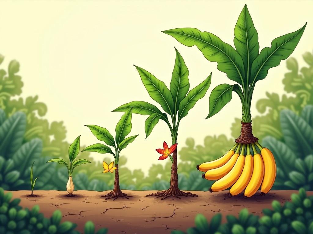 The image illustrates the different life stages of a banana plant, progressing from a seedling to a mature fruit-bearing plant. It shows five distinct stages, starting with a small seed in the soil, then a young sprout with leaves. Next, there is a budding plant with a flower, followed by a plant with larger leaves. Finally, the last stage presents a fully grown banana plant with a bunch of ripe bananas. The background features lush green leaves and a warm, light ambiance, emphasizing growth and vitality.