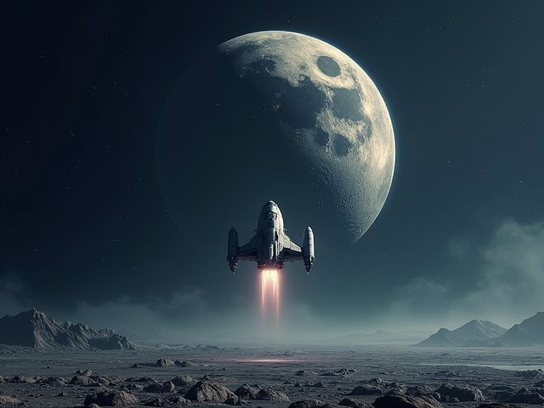 A spaceship lands on the moon. Background shows a planet. Outer space scene with a dramatic view.