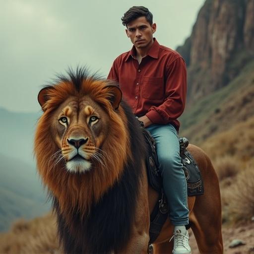 Portrait of a man with captivating face and fair skin. He has short light-black hair and expressive eyes. He wears a dark red blouse, blue jeans, and white shoes. He rides a lion in intricate steel armor. The background is a surreal setting with balanced lighting. Captured in high resolution with detailed lighting effects.