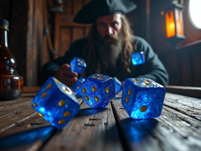 Close-up on a rustic table aboard a pirate ship. High-stakes dice game in progress. Five sapphire dice in mid-air. Weathered pirate in the background. Dramatic lighting. Richly colored scene.